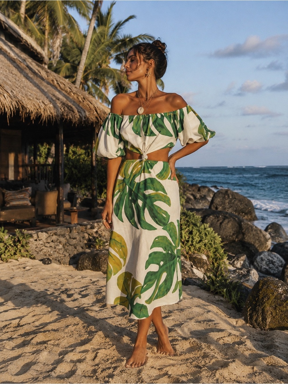 NWT Farm Rio White Monstera Tropical Knot Midi Off Shoulder Open Midi Dress S